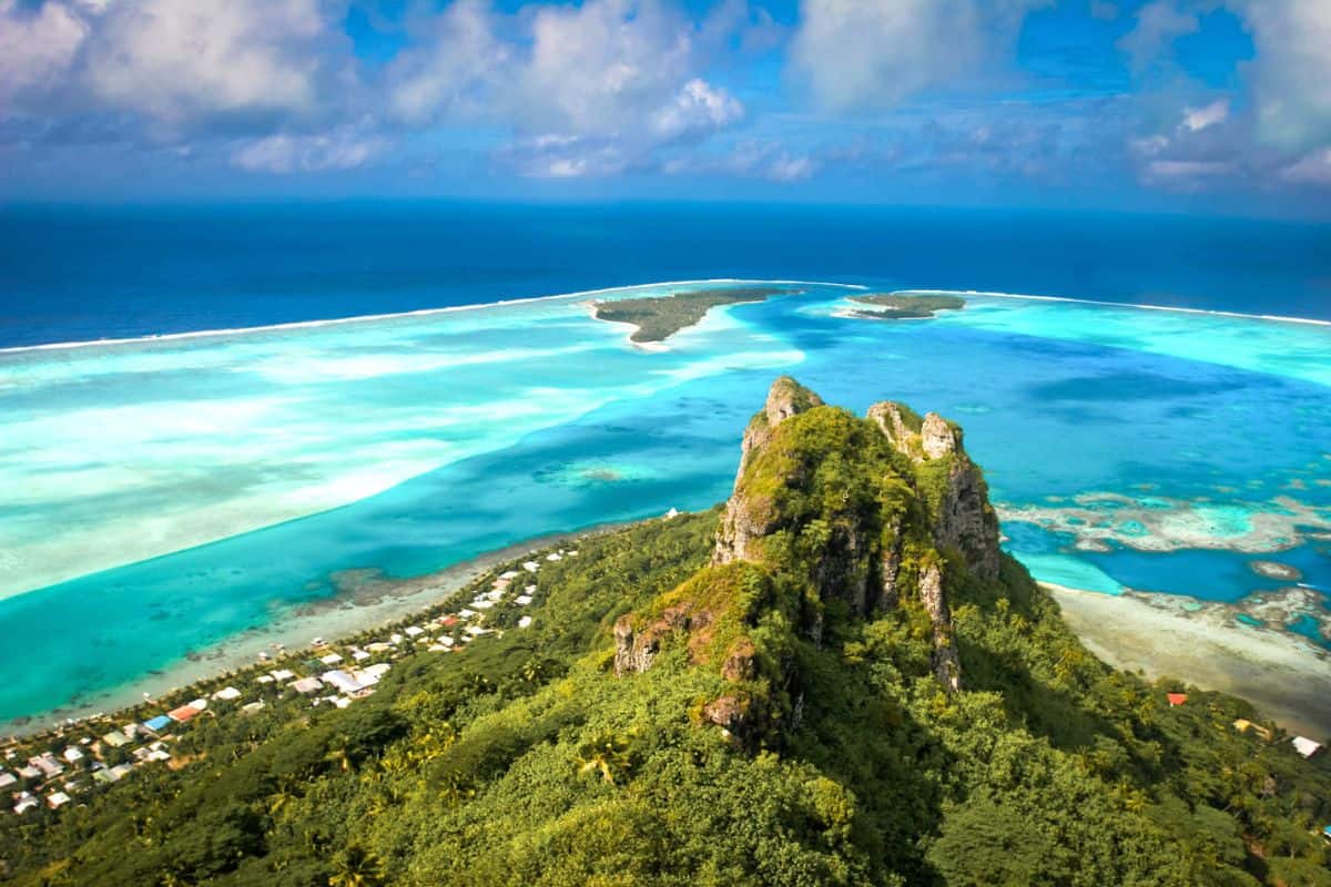Rugged mountainous landscapes on tropical Maupiti Island in French Polynesia