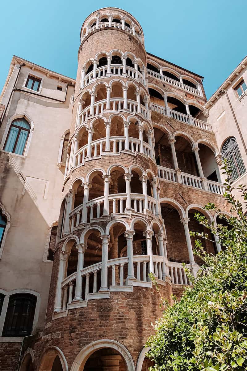 A spiral staircase at Palazzo Contarini del Bovolo in Venice