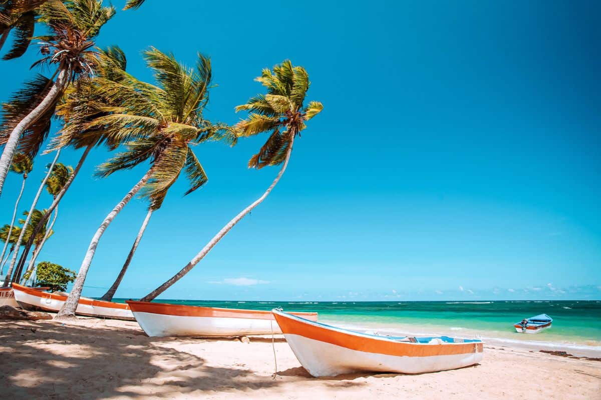 Small boats on a beach with palm trees in the Caribbean