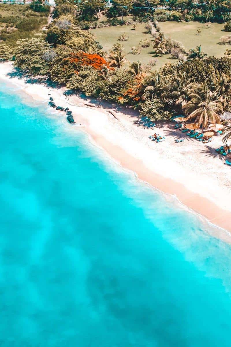 An aerial view of a tropical beach with sun loungers and palm trees 