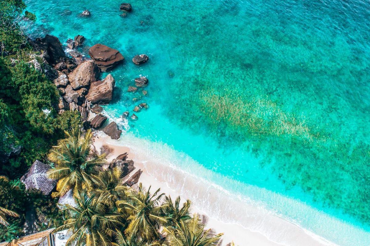 Aerial view of a tropical beach in the Caribbean with turquoise sea, white sand and palm trees
