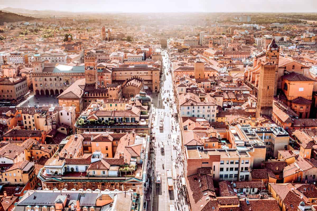 A view across terracotta rooftops in the city of Bologna in Italy