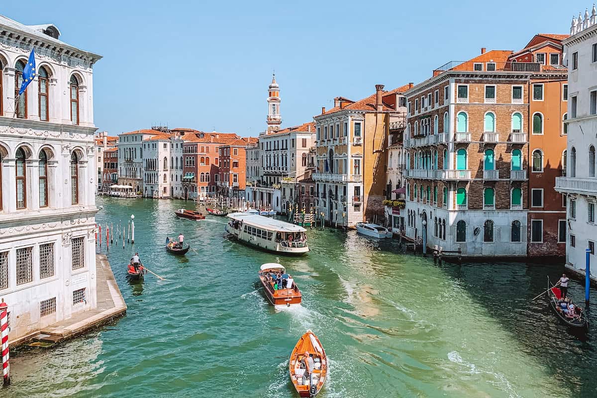 View from the Rialto Bridge in Venice of boats in the Grand Canal