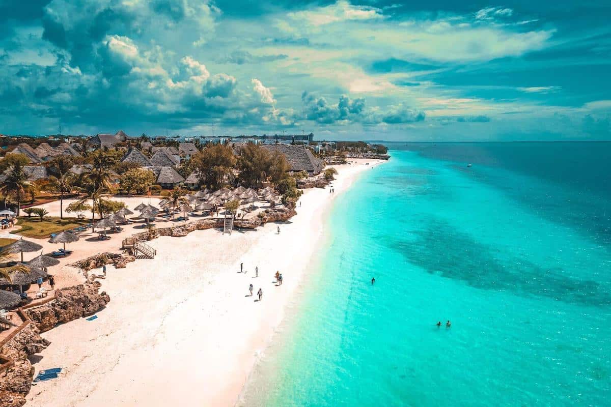 A view over a white sand beach in Zanzibar