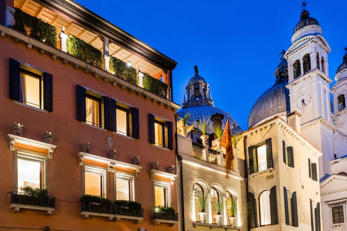 The exterior of a hotel in Venice next to Basilica Santa Maria della Salute