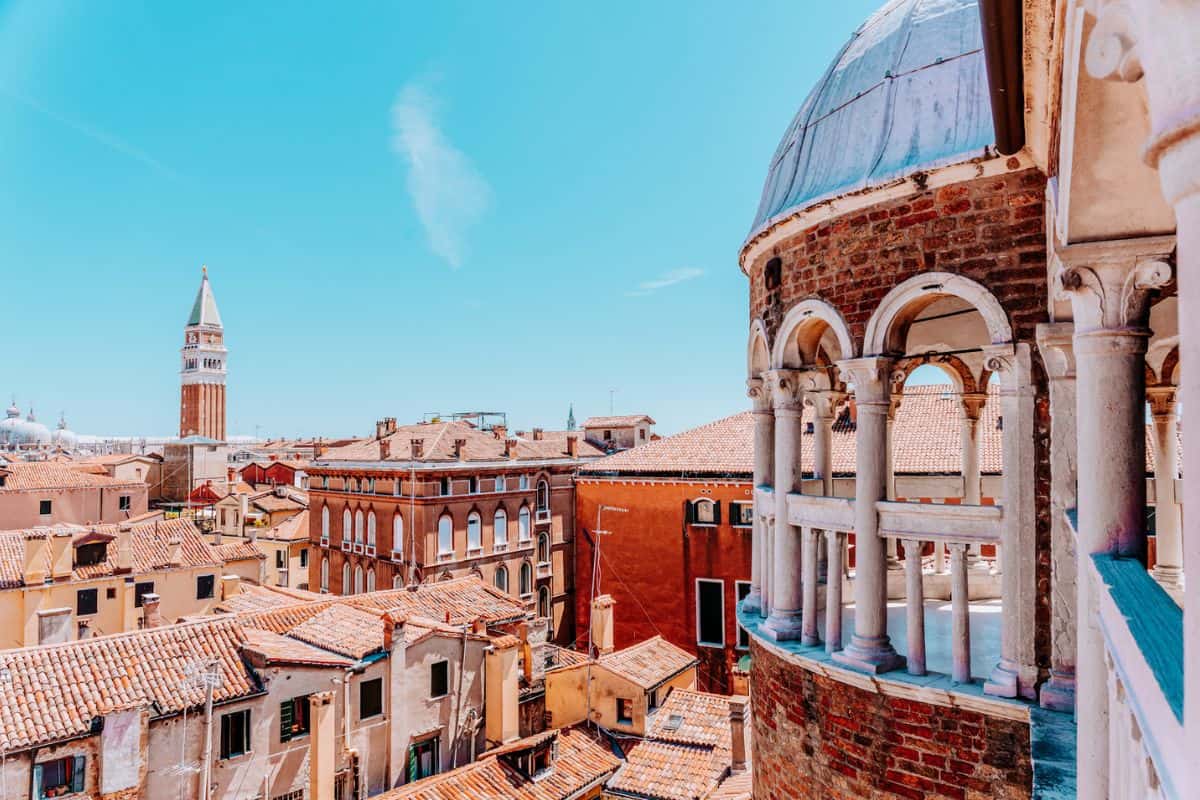A view across city rooftops from Palazzo Contarini del Bovolo in Venice