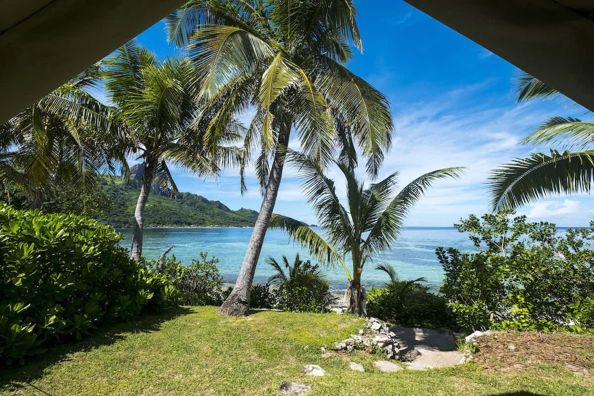 A view from bure accommodation at a resort in Fiji looking towards the sea
