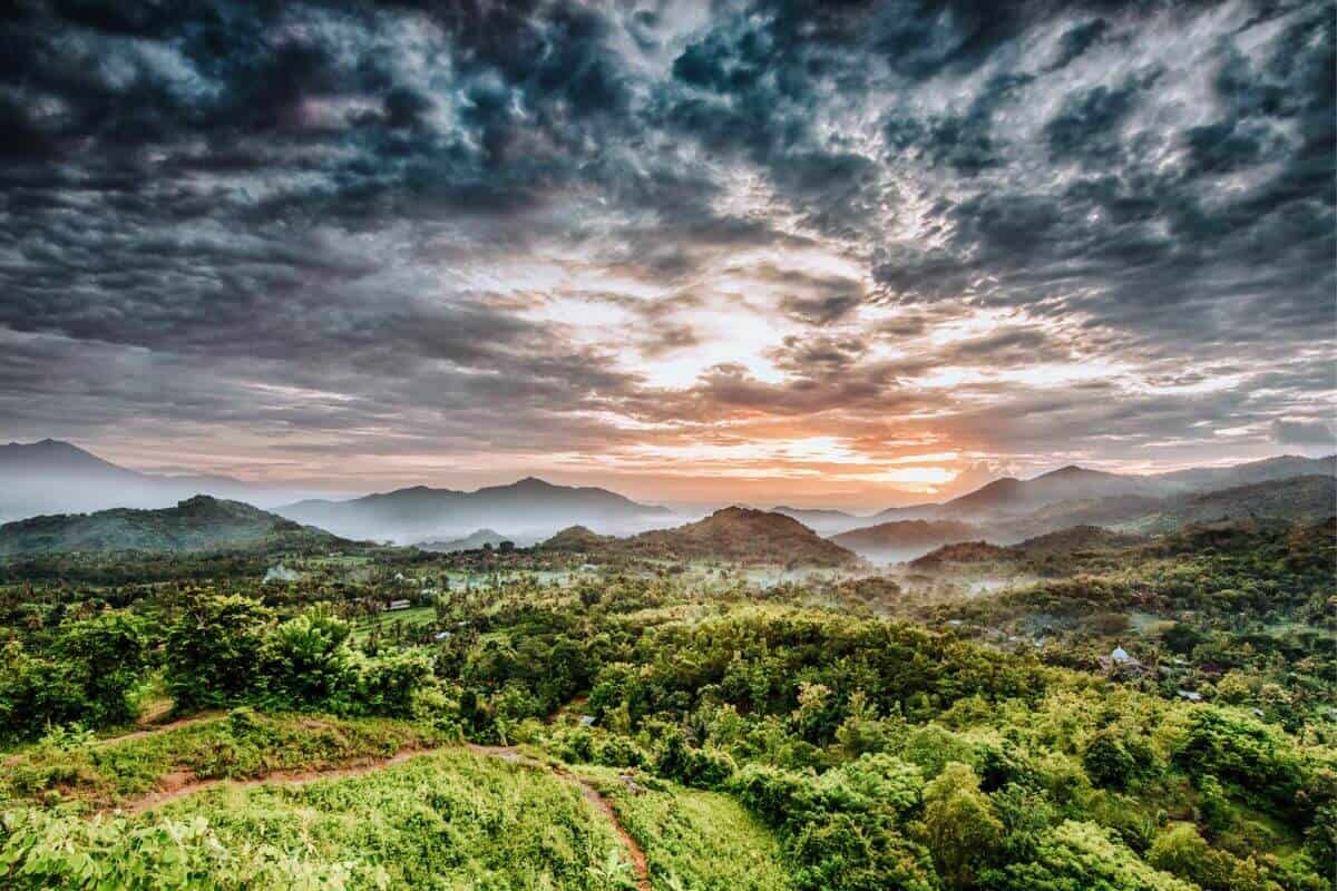 A view across rural hilly green landscape in Lombok, Indonesia