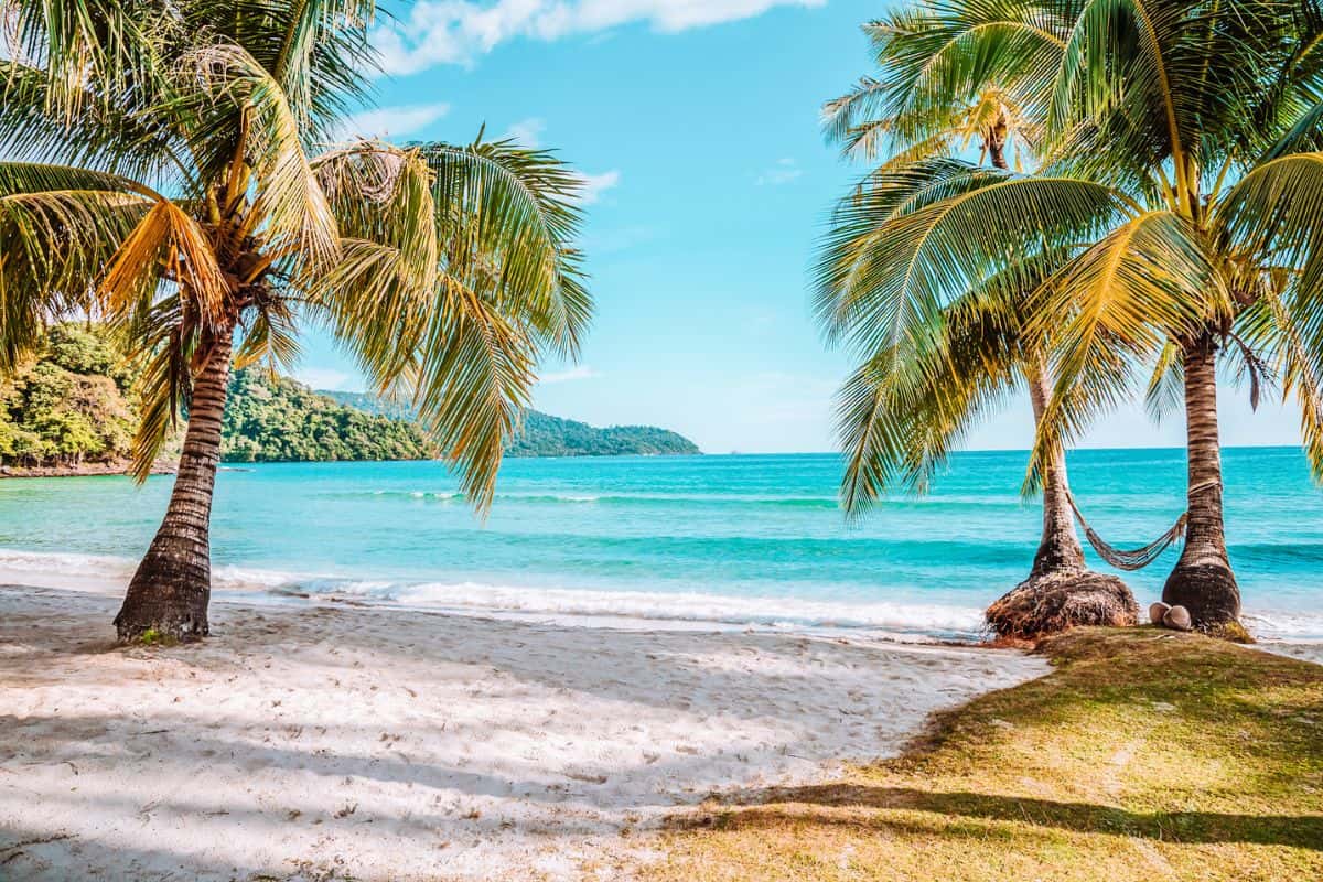 An empty white-sand beach with palm trees on Koh Kood island in Thailand