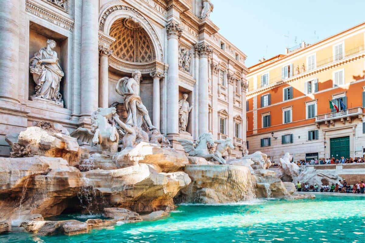 A close up of the famous Trevi Fountain in Rome