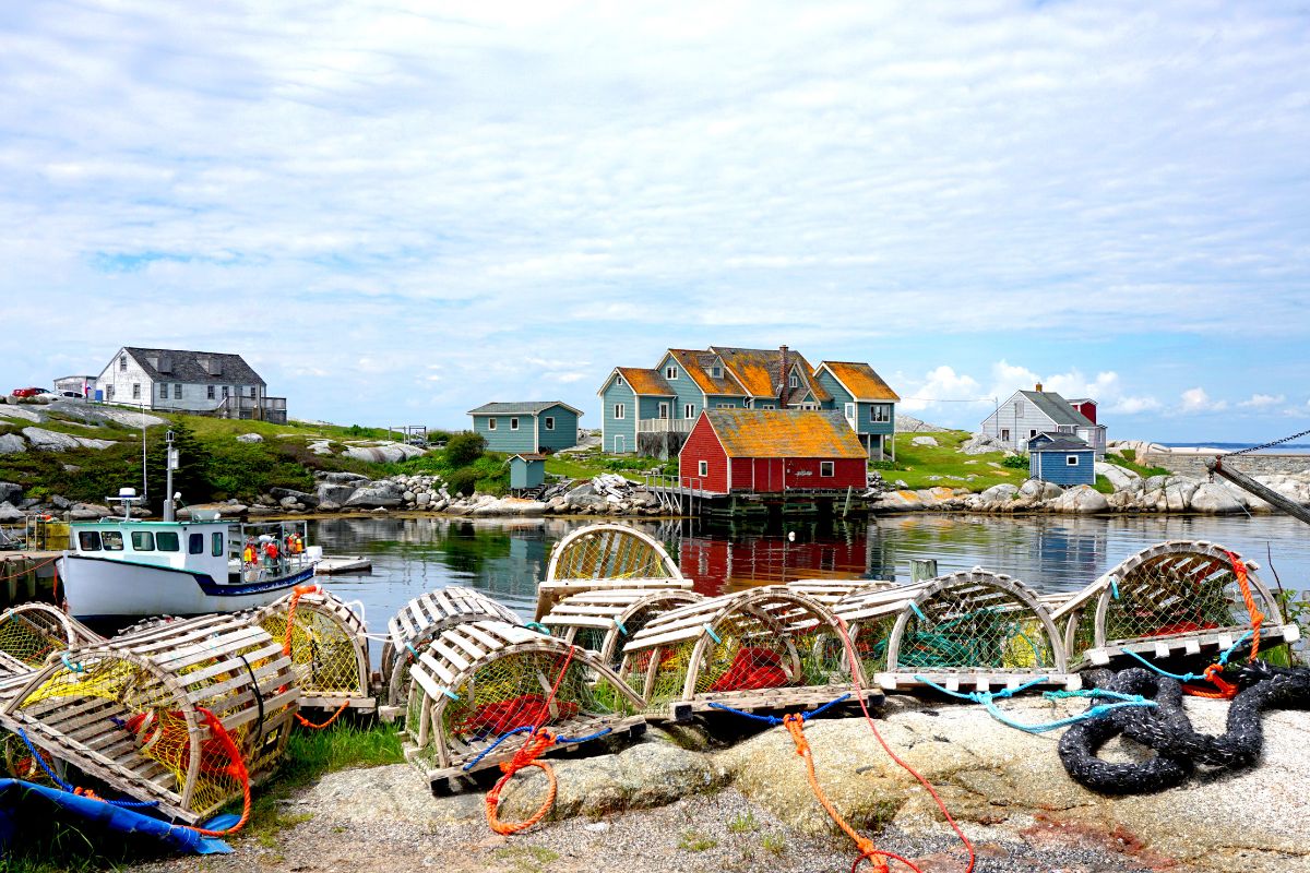 A small, colourful fishing harbour in Nova Scotia