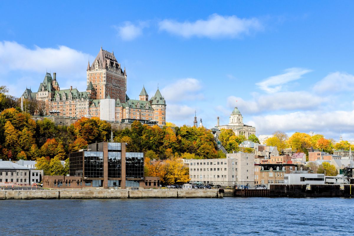 A view across water towards the old city of Quebec in Canada