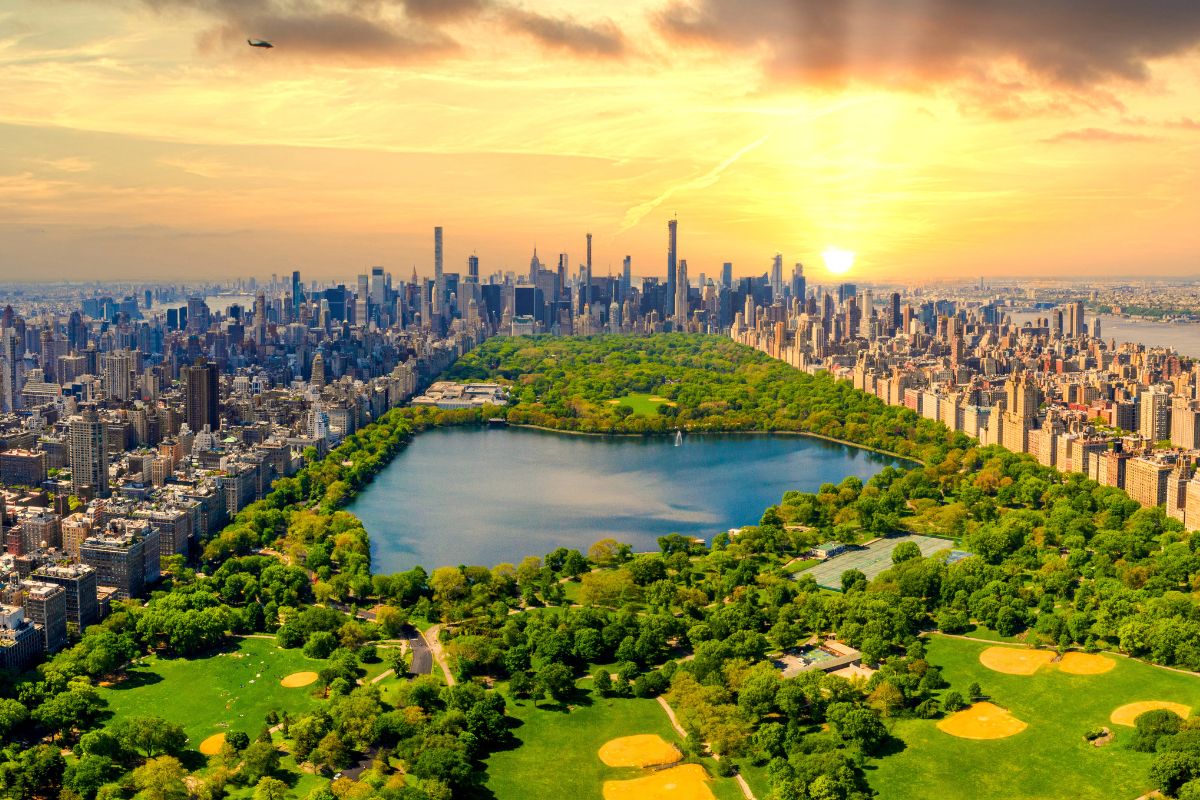 Aerial view of Central Park in Manhattan NYC at sunset