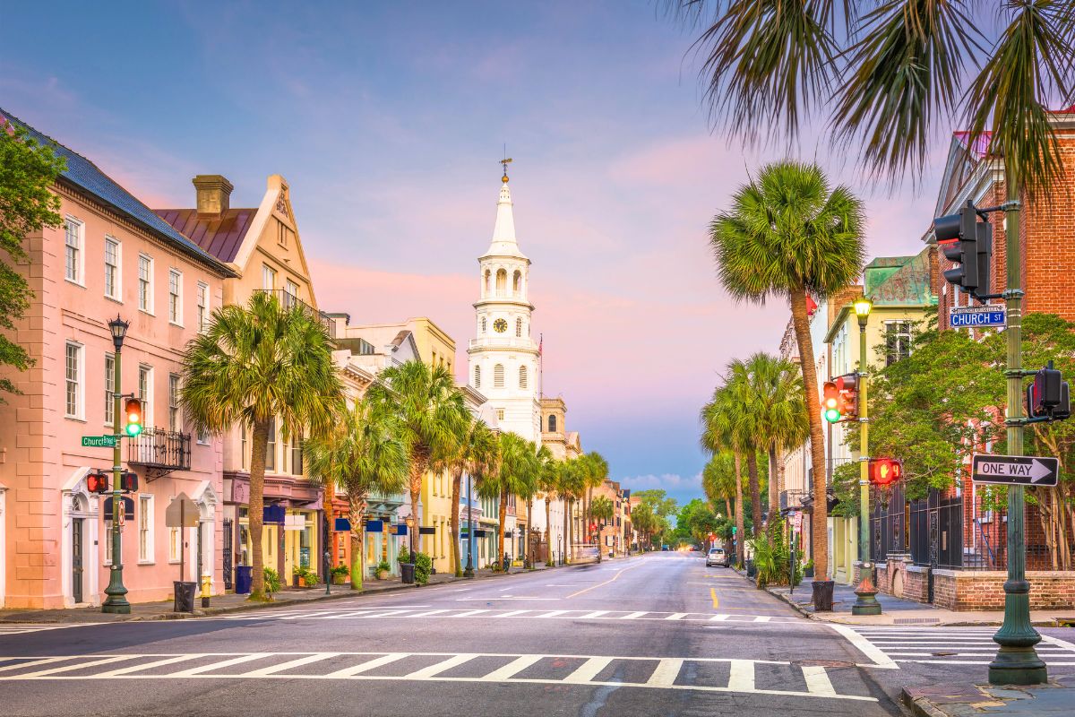 A colourful street at sunset in Charleston in the USA