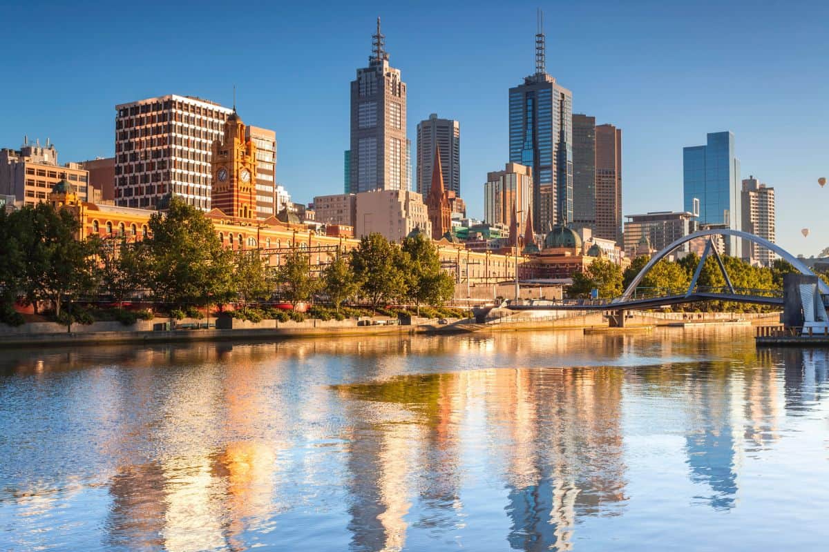 A cityscape in front of water in Melbourne, Australia