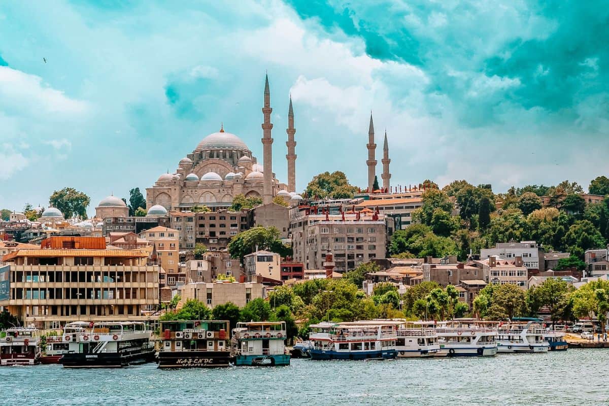 A view across water to a mosque in Istanbul, Turkey