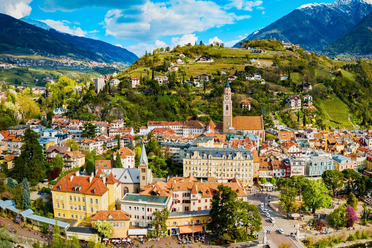 A view across the alpine town of Merano in Italy in summer