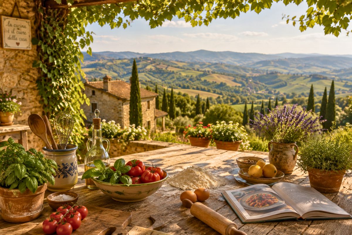 Fresh local produce on a table ready for a cooking class in Tuscany, Italy