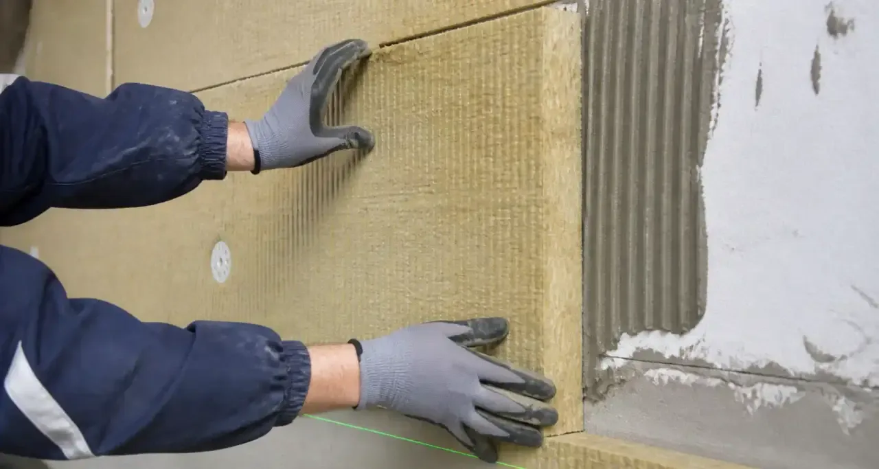Artisan posant des panneaux d'isolation thermique sur un mur
