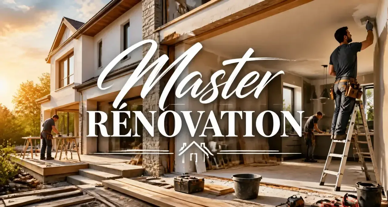 Maison individuelle en cours de rénovation, façade en travaux et échafaudage