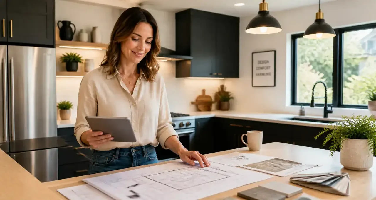 Propriétaires étudiant les plans d'une rénovation de cuisine moderne