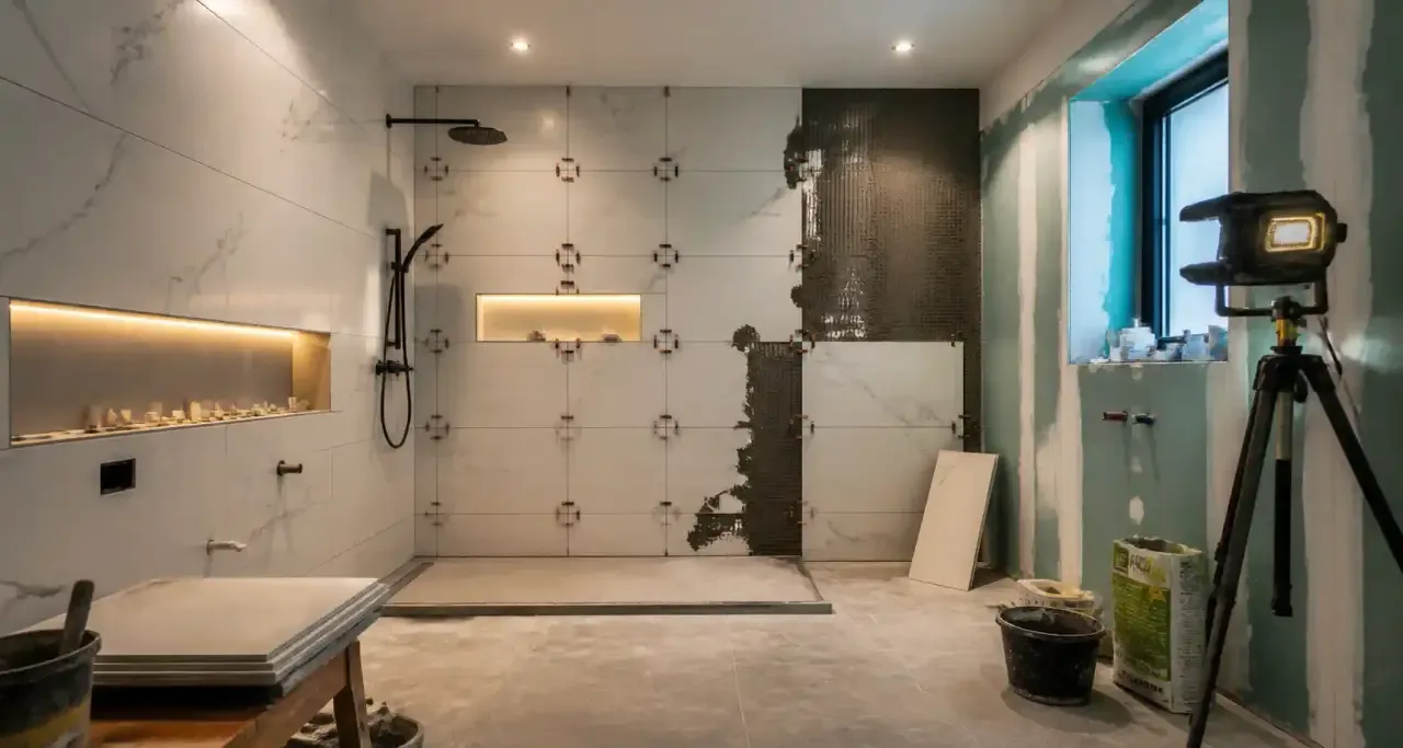 Salle de bain rénovée avec carrelage et douche à l'italienne