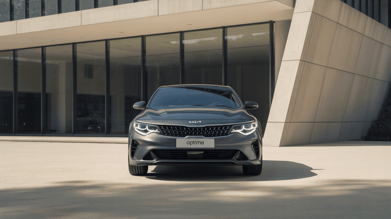 kia optima grise design moderne devant batiment contemporain