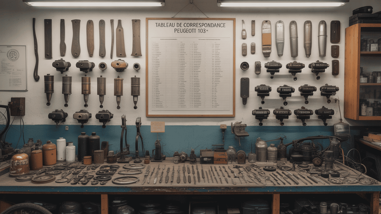 atelier avec tableau de correspondance peugeot 103 et pieces