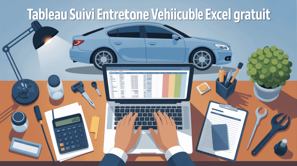 tableau suivi entretien véhicule excel gratuit affiché sur ordinateur avec outils auto