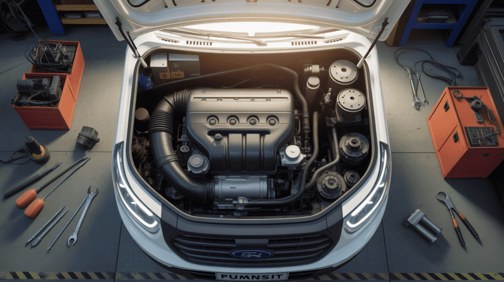 Moteur Puma Ford Transit dans compartiment moteur utilitaire