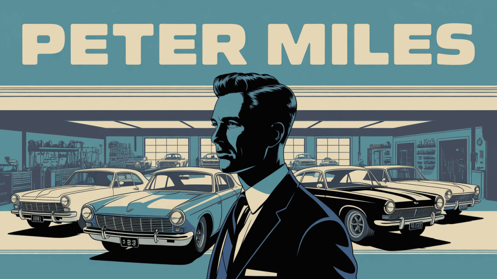 portrait peter miles pilote devant voitures de course vintage