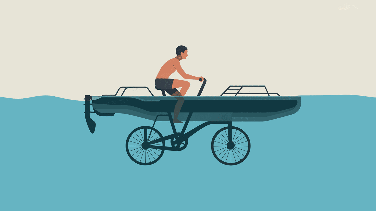 Vue de profil d'un aquatic bicycle pédalant sur l'eau