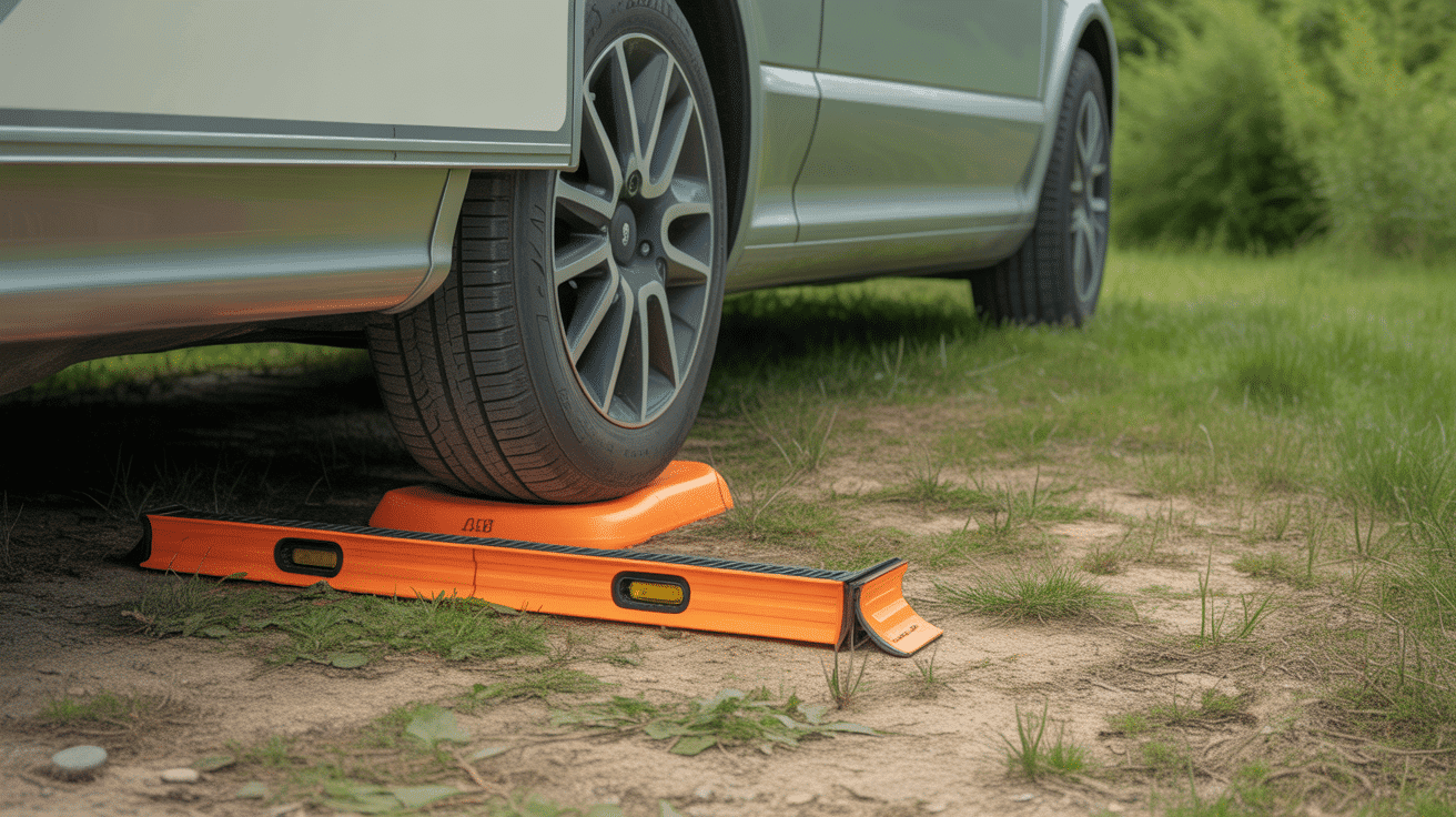 installer cales camping-car 4 niveaux terrain herbe