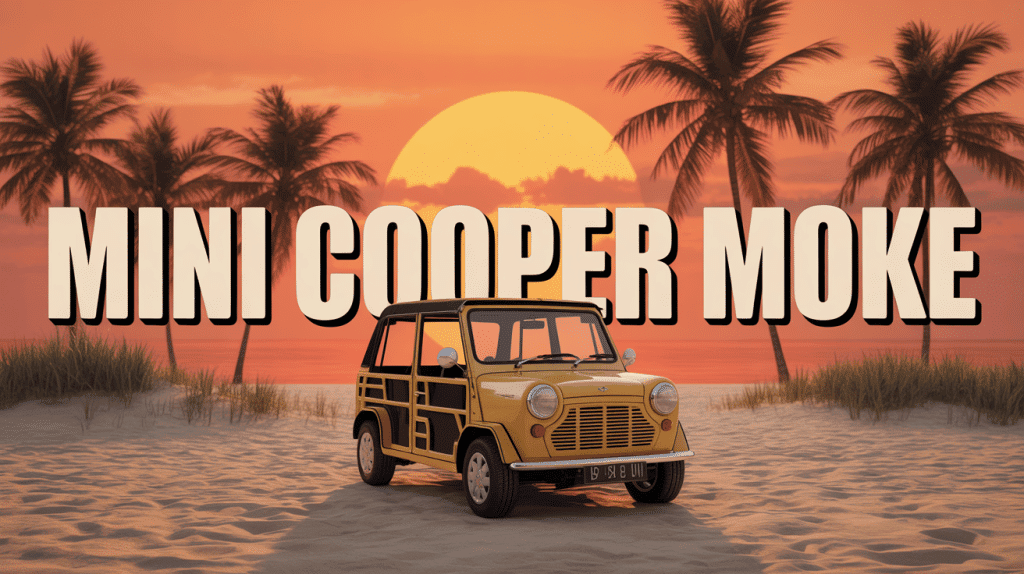 mini cooper moke colorée garée plage coucher de soleil