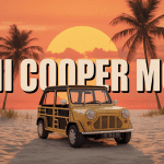 mini cooper moke colorée garée plage coucher de soleil
