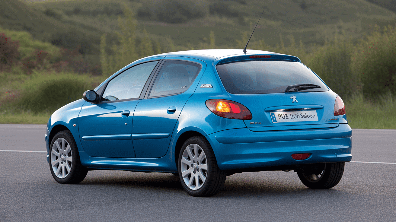peugeot 206 saloon bleu métallisé sur route