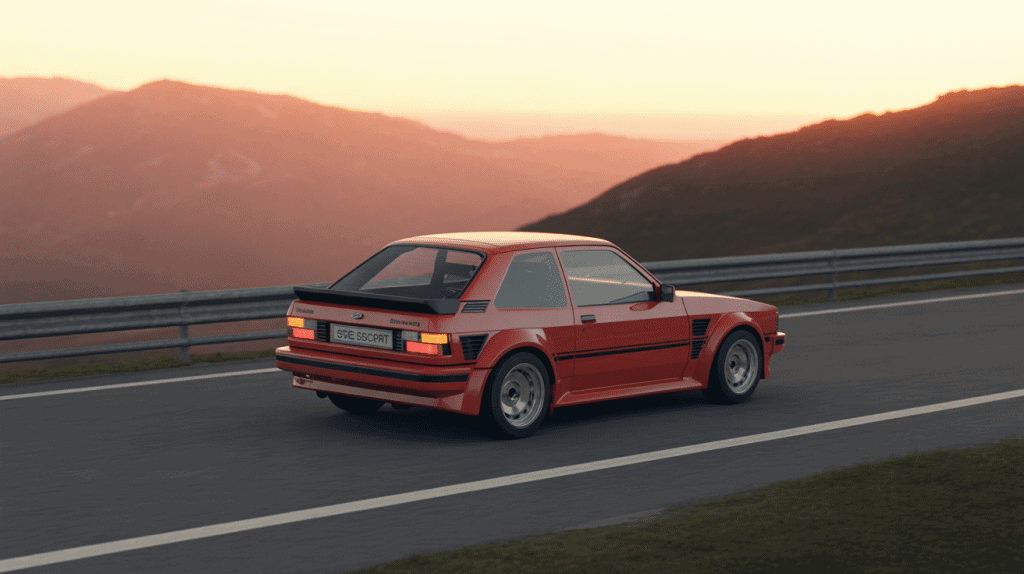 rs turbo ford escort rouge route montagne coucher soleil