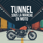 Moto devant tunnel sous la Manche avec wagons