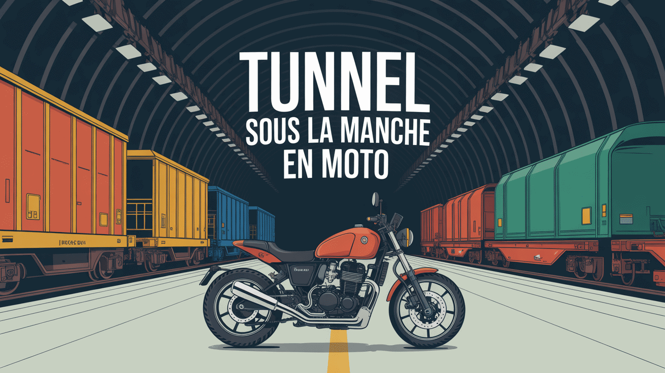 Moto devant tunnel sous la Manche avec wagons