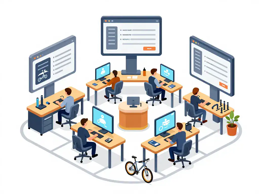 Atelier vélo avec bureaux et workflow atoocycle