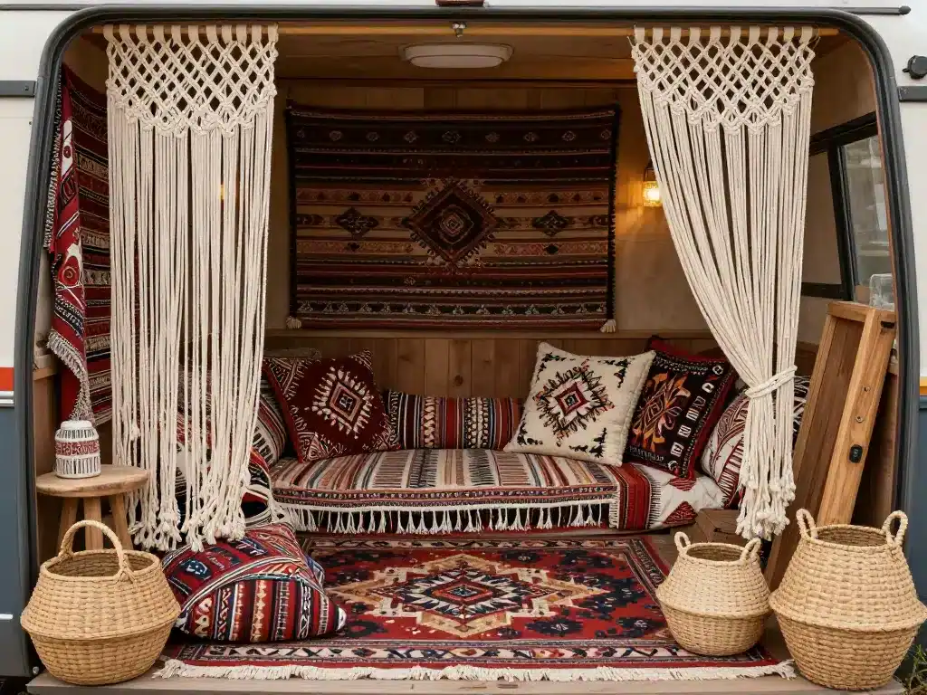 déco caravane boheme tapis coussins textiles