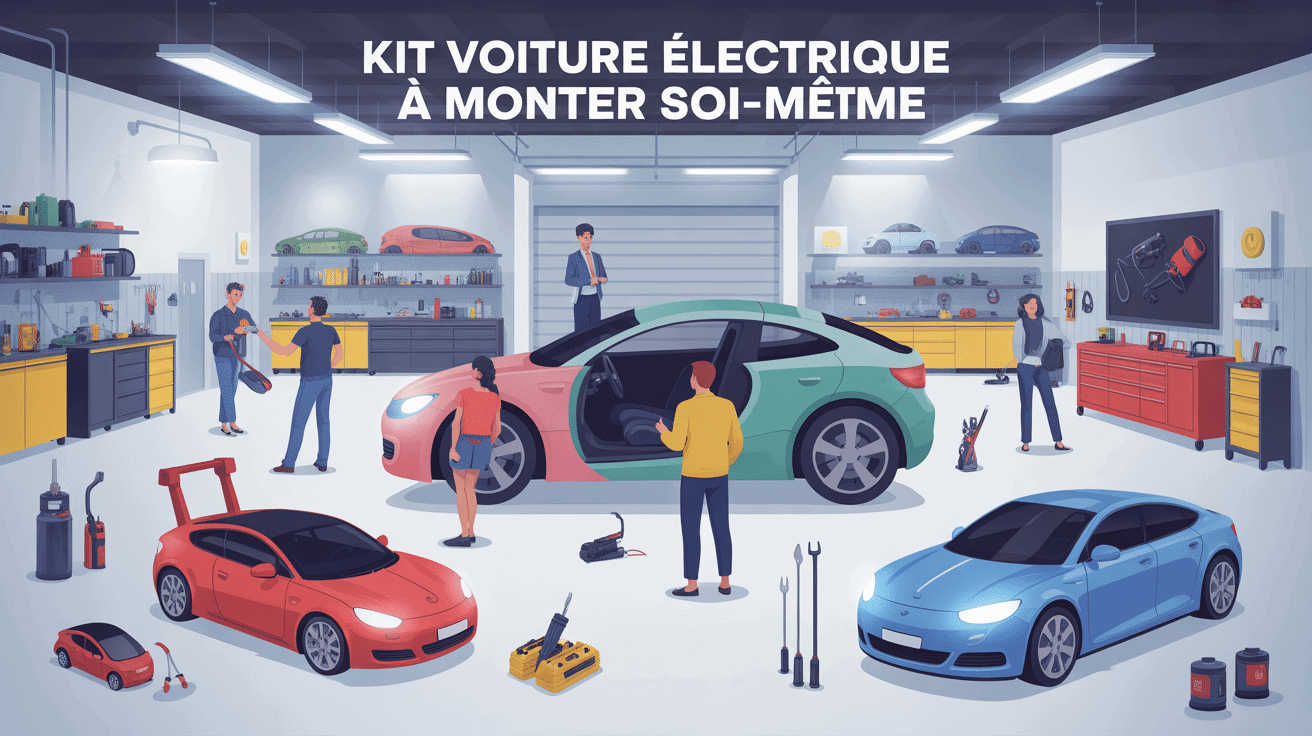 Kit voiture électrique à monter soi-même illustré en garage moderne