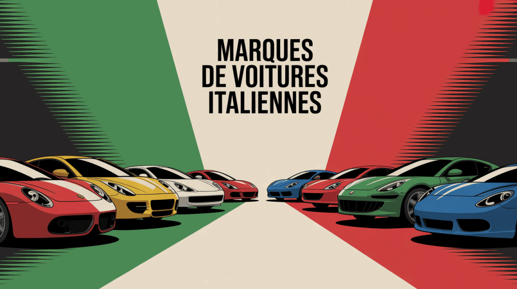 Panorama stylisé des marques voitures italiennes sur fond tricolore