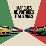 Panorama stylisé des marques voitures italiennes sur fond tricolore