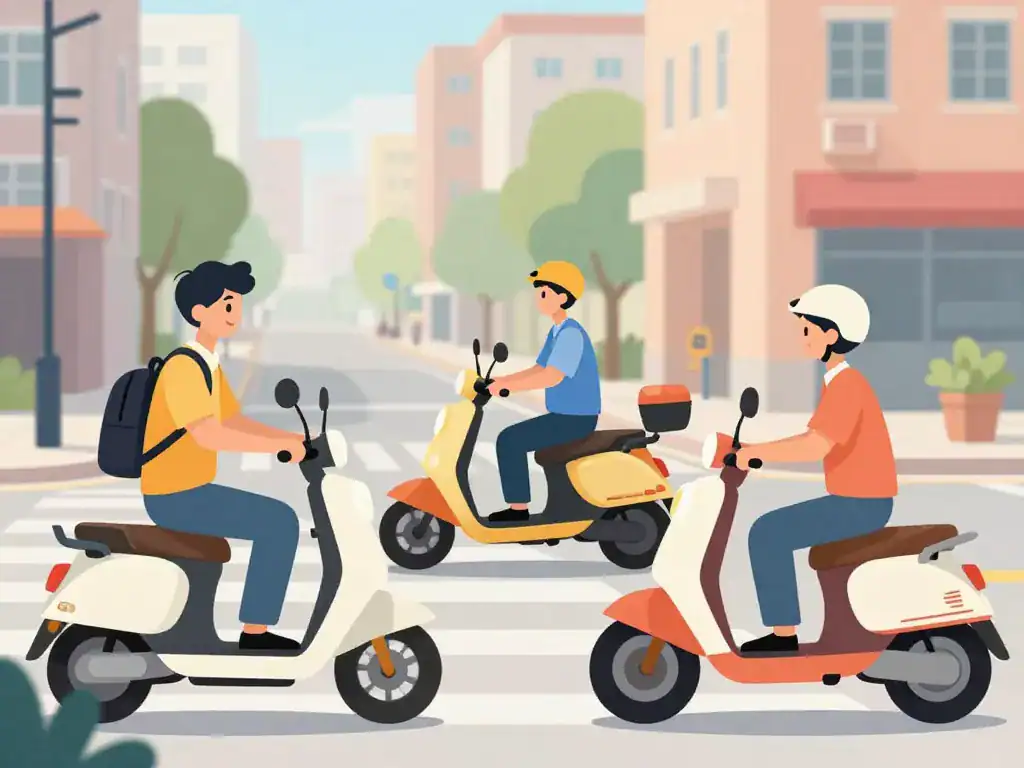 Scène avec plusieurs utilisateurs typiques du scooter zip en ville