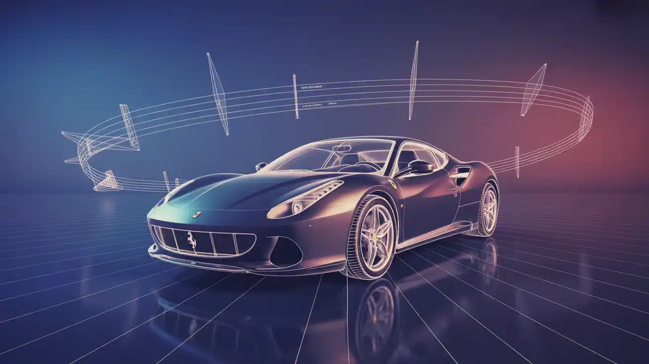 Dessin Ferrari en blueprint premium, perspective dynamique
