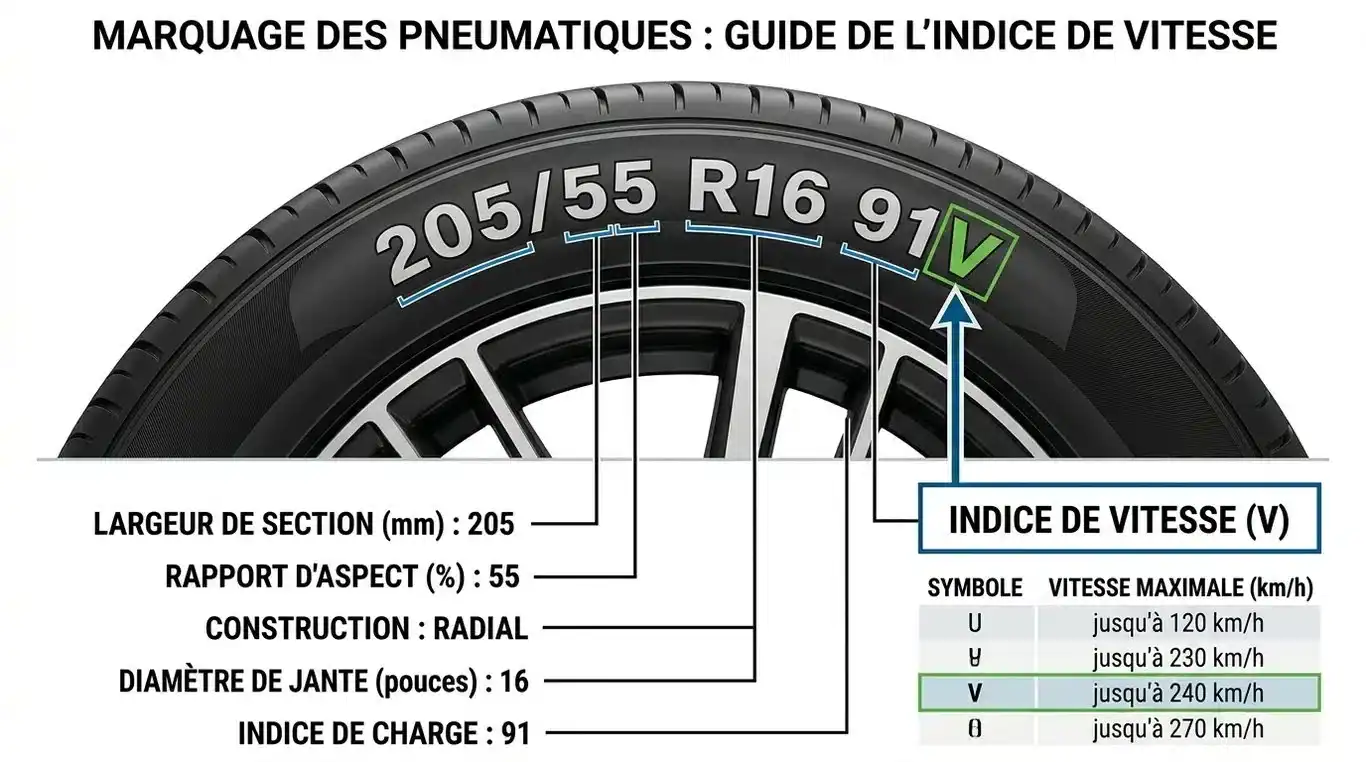 Schéma explicatif de la lecture de l'indice de vitesse sur le flanc d'un pneu