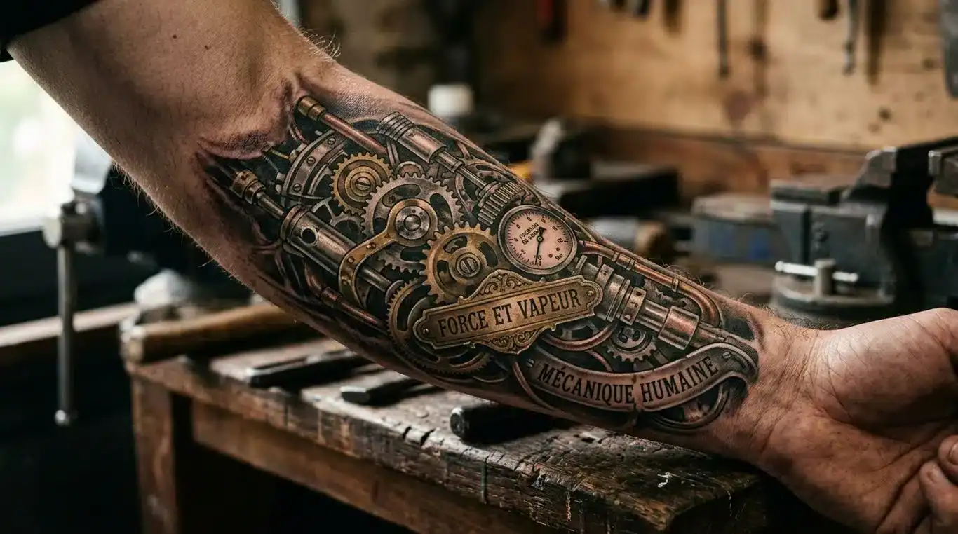 Exemple de tatouage mécanique détaillé sur un avant-bras