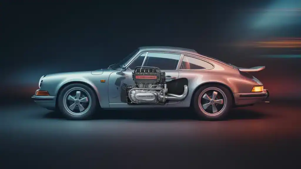 Illustration 3D de la Porsche 911 avec moteur boxer et héritage course