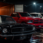 voiture americaine Mustang RAM Cadillac parking nuit